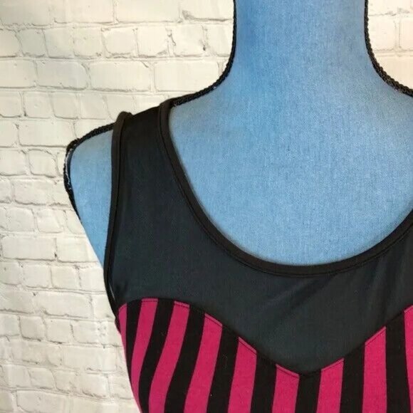 NWT Charlotte Russe Dress Red & Black Vertical Stripe Bodycon Mesh Yoke Large - Picture 4 of 8